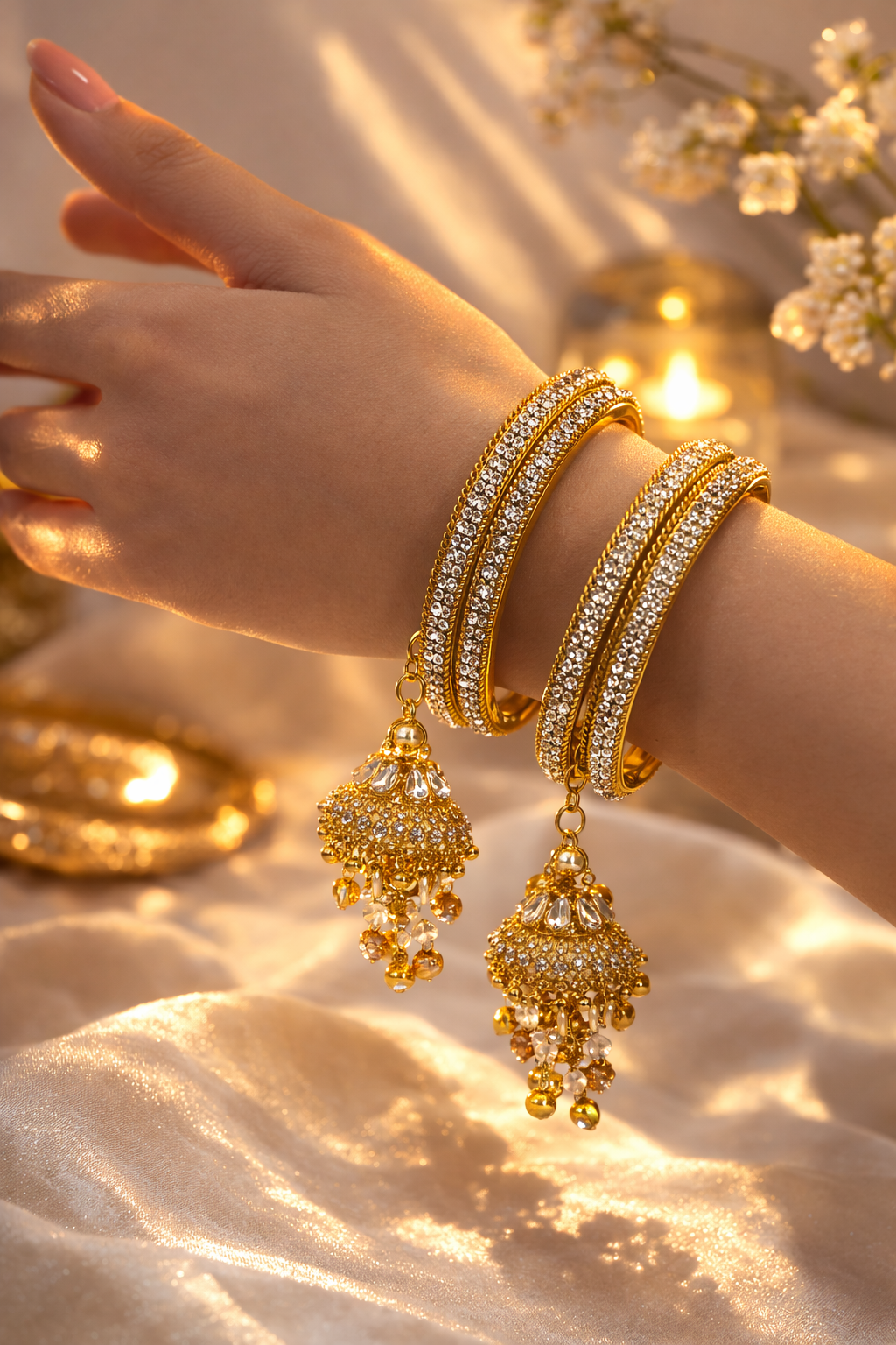 RaSha Ghungroo & Latkan Elegant gold bangles with crystal accents