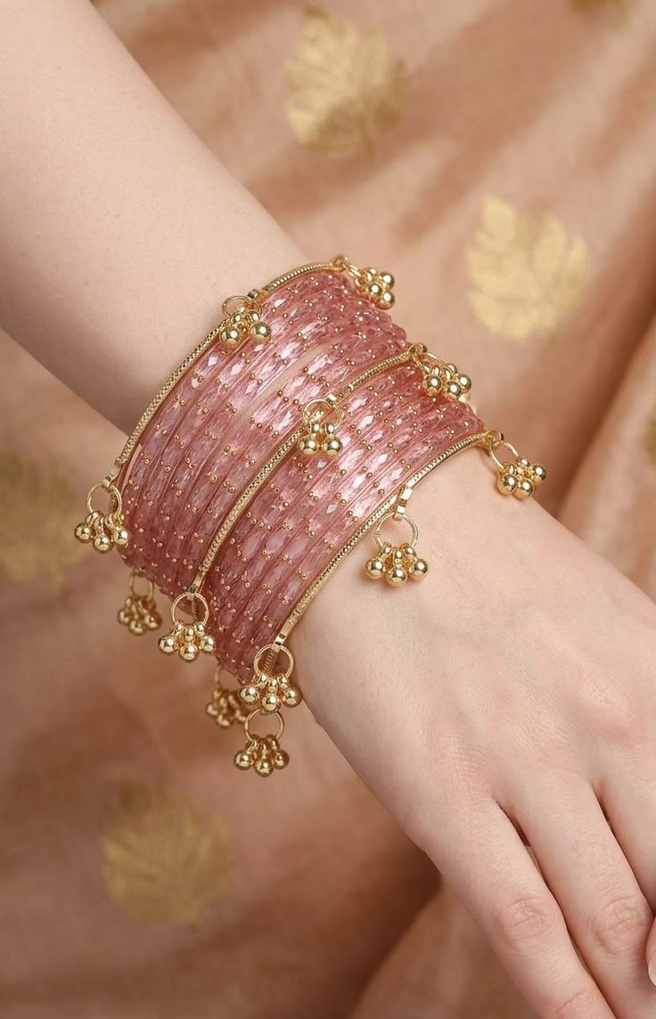 Baby Pink Color Raindrop Kashmiri Ghungroo Bangle Set - Image 2