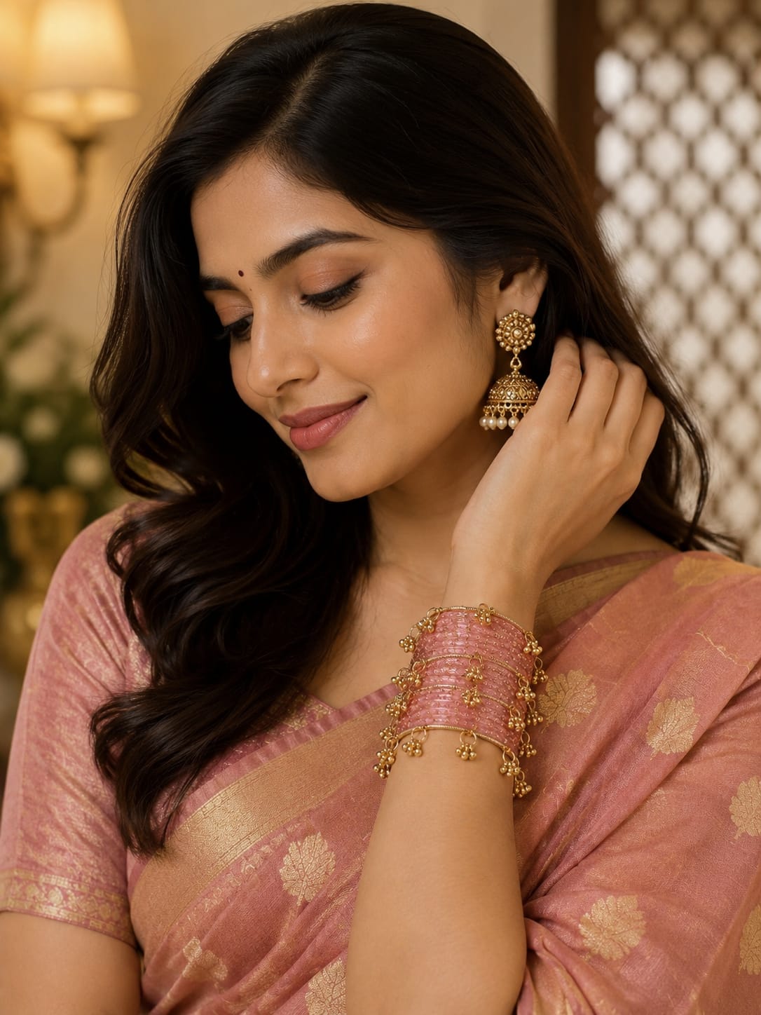 Baby Pink Color Raindrop Kashmiri Ghungroo Bangle Set