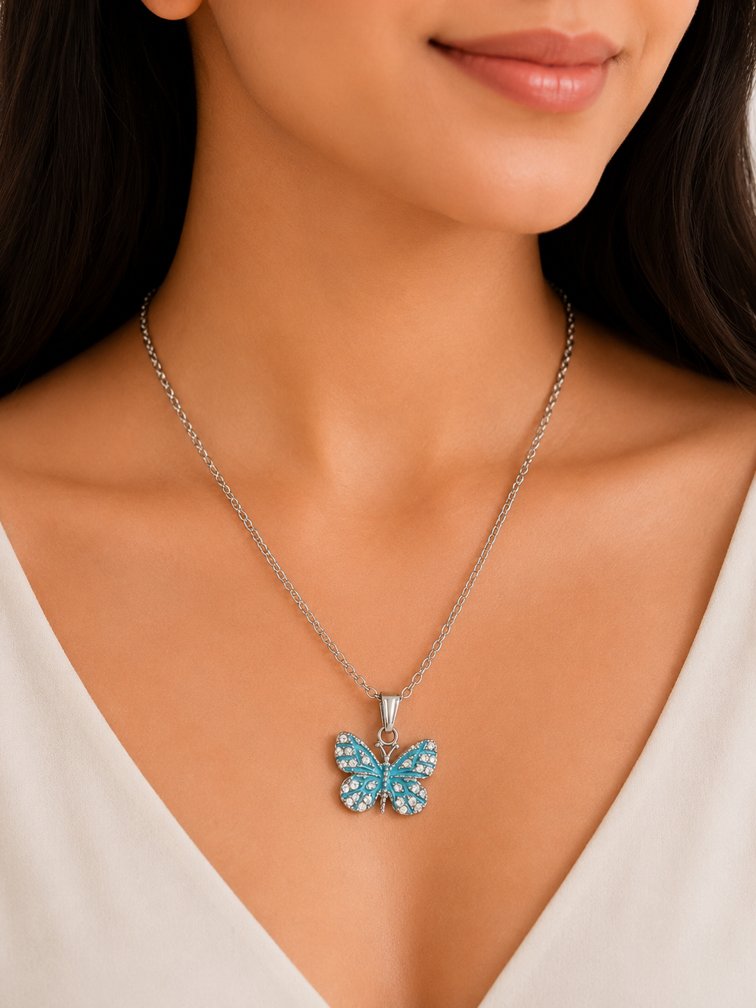 Azure Butterfly Pendant Necklace | Silver-Tone Blue Butterfly Necklace for Women | Minimal Everyday Jewellery