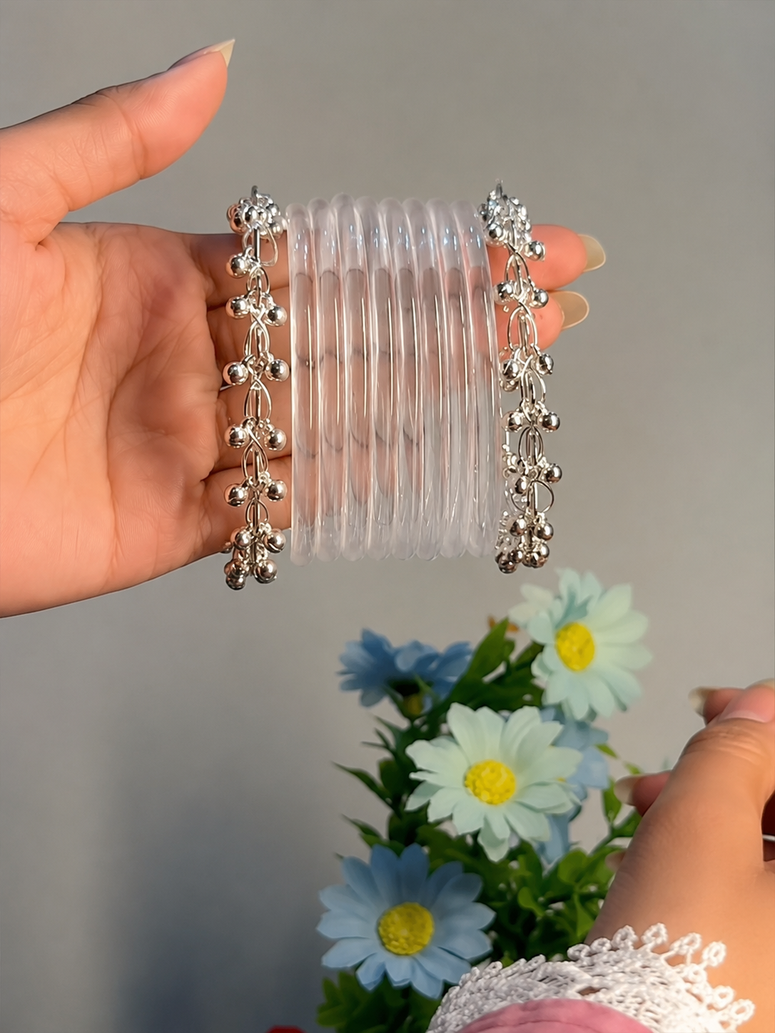 8 White Jelly Bangles with 2 Silver Ghungroo Bangles | RaSha Jewels