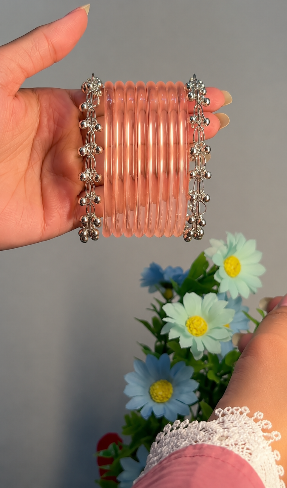 8 Peach Jelly Bangles with 2 Silver Ghungroo Bangles | RaSha Jewels