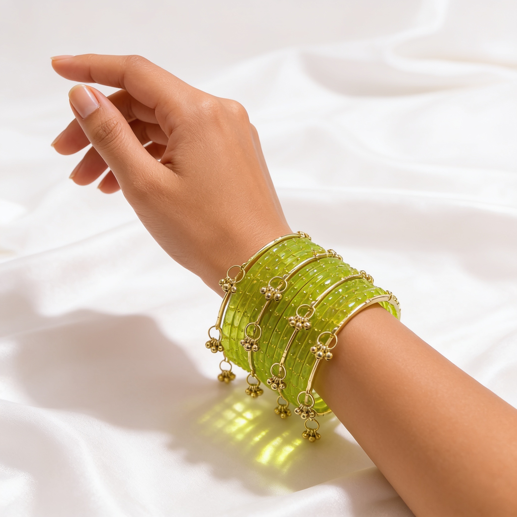 Pista Mint Green Raindrop Glass Bangles With Kashmiri Ghungroo Bangles