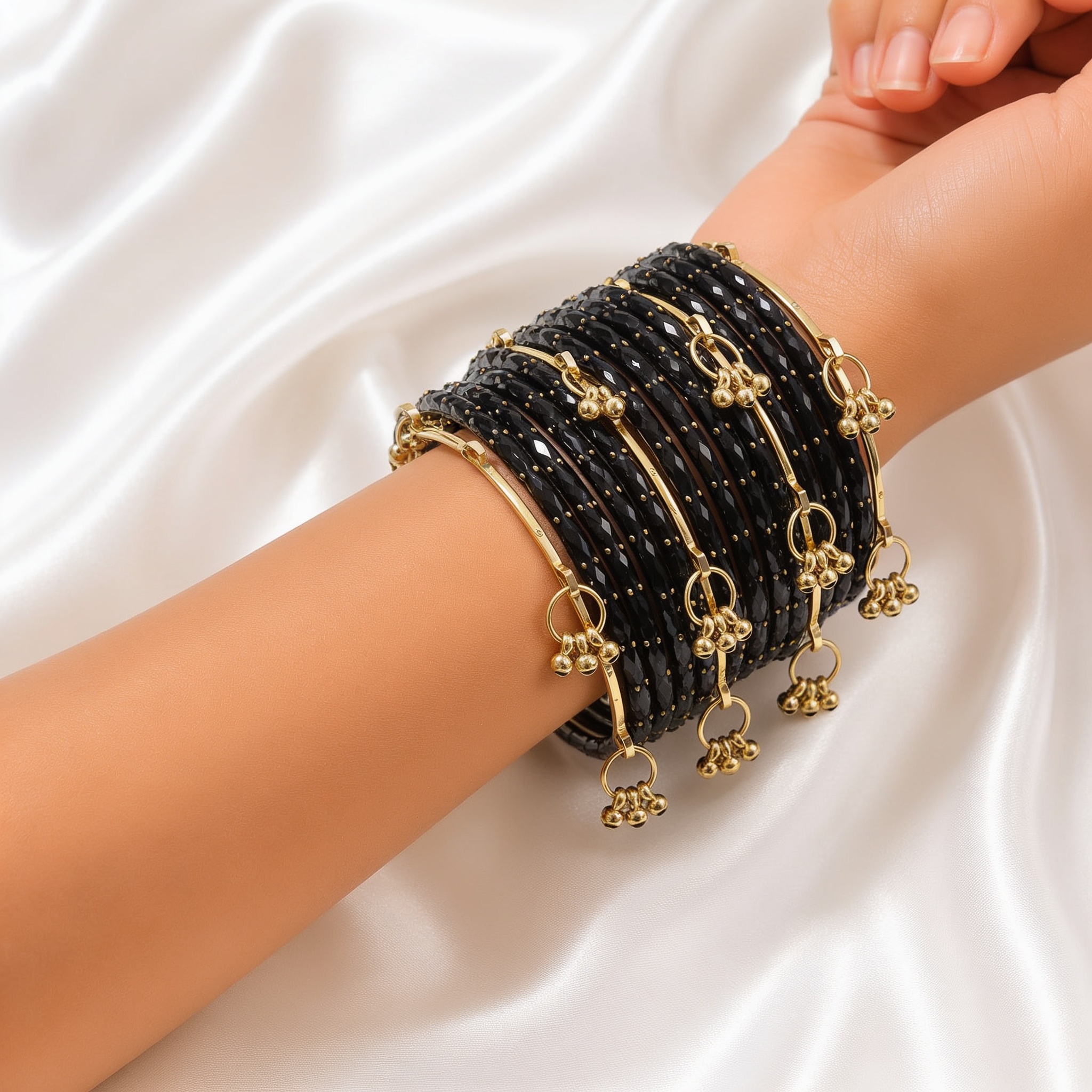 Black Raindrop Glass Bangles With Kashmiri Ghungroo Bangles