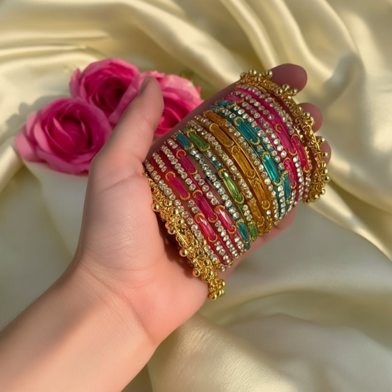 RaSha Sawan Special 12 Multicolor Moon Glass Bangles with 4 Heavy Kashmiri Ghungroo Bangles - Image 2
