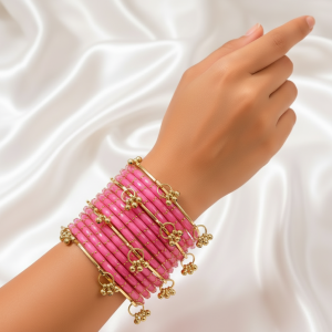 Pink Raindrop Glass Bangles With Kashmiri Ghungroo Bangles
