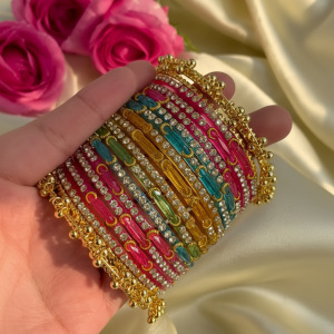 RaSha Sawan Special 12 Multicolor Moon Glass Bangles with 4 Heavy Kashmiri Ghungroo Bangles
