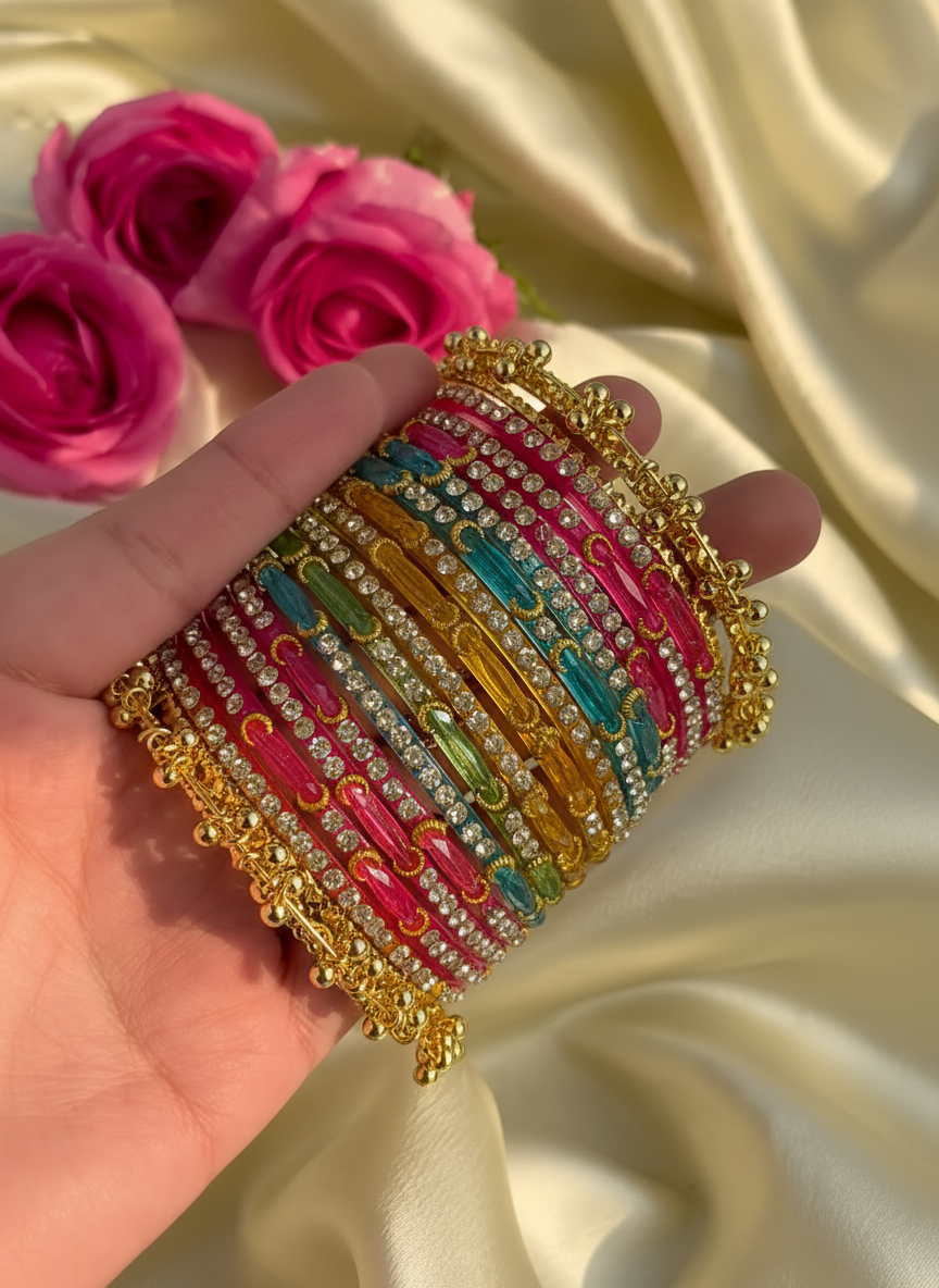 RaSha Sawan Special 12 Multicolor Moon Glass Bangles with 4 Heavy Kashmiri Ghungroo Bangles