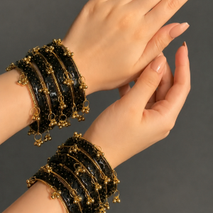 RaSha Jewels Black Raindrop Glass Bangles Set with Kashmiri Ghungroo – 12 Glass Bangles + 4 Ghungroo Bangles