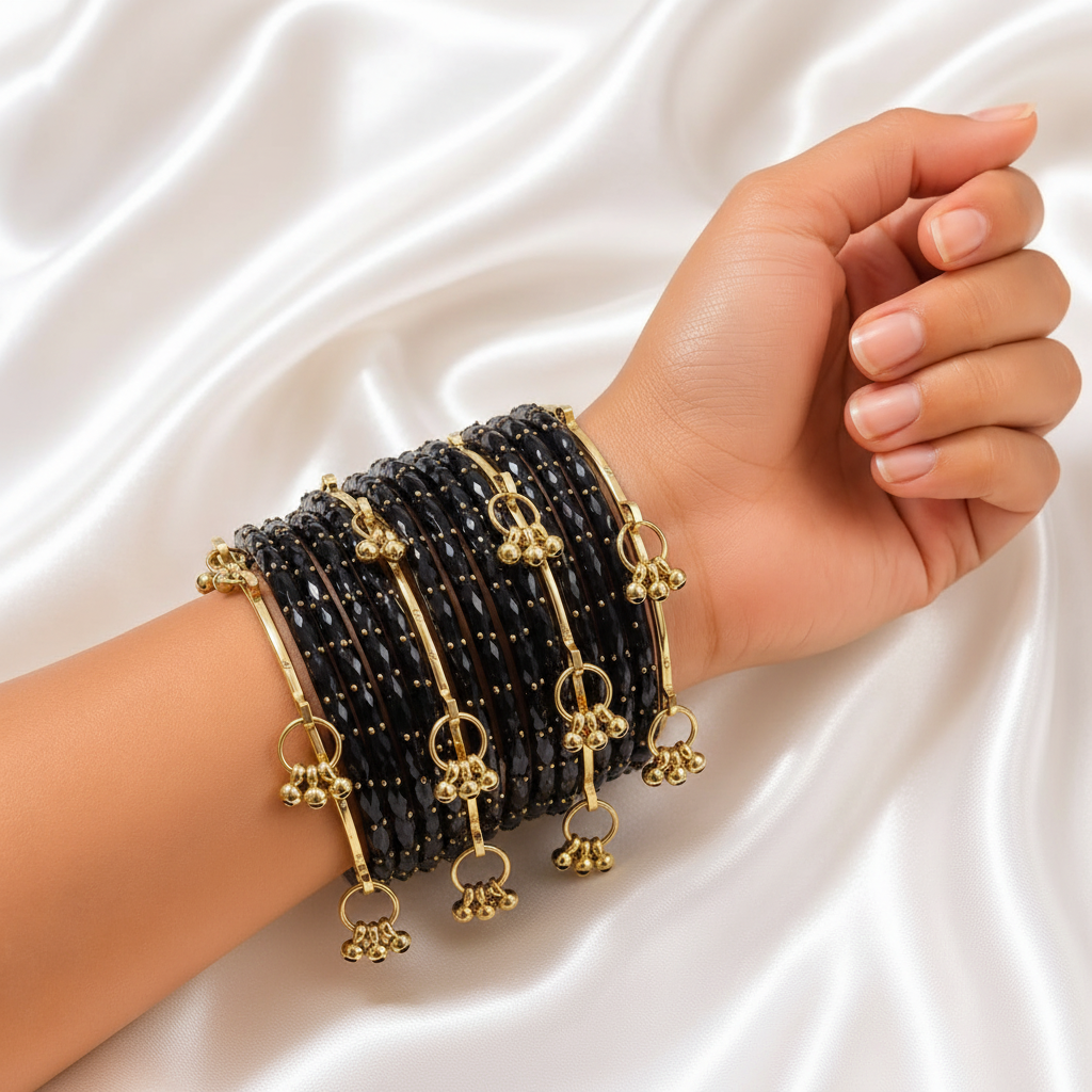 Black Raindrop Glass Bangles With Kashmiri Ghungroo Bangles - Image 2