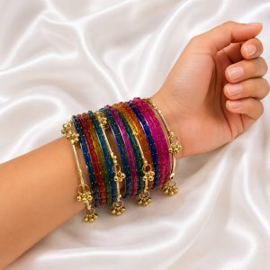 Dark Multicolor Raindrop Glass Bangles With Kashmiri Ghungroo Bangles