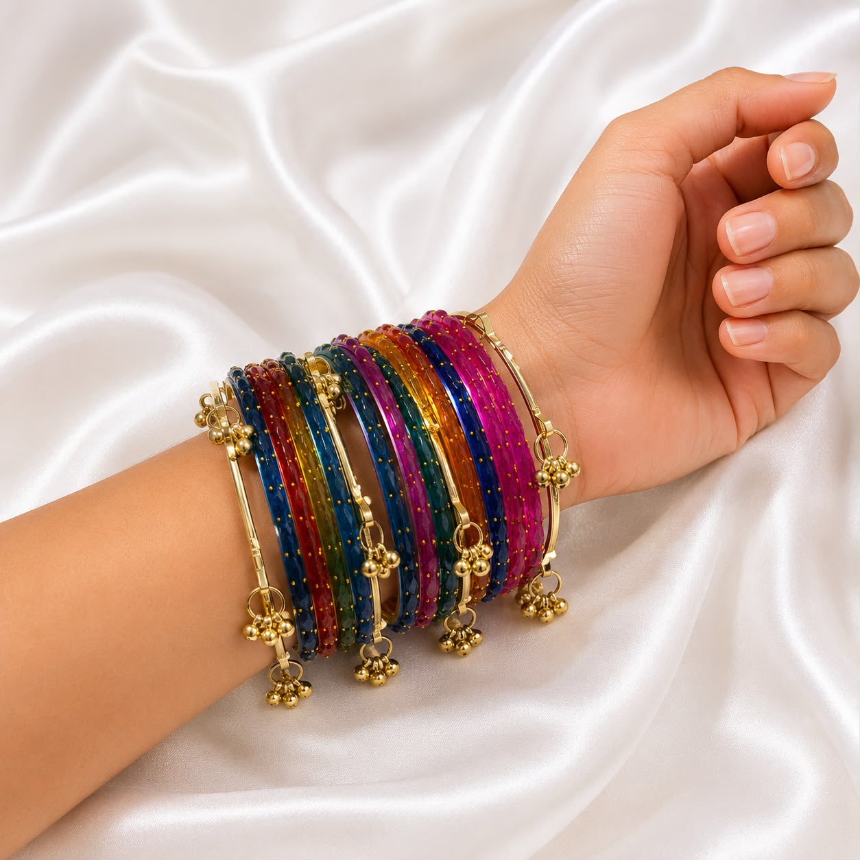 Dark Multicolor Raindrop Glass Bangles With Kashmiri Ghungroo Bangles