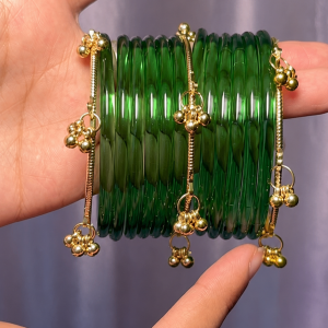 RaSha Jewels Green Jelly Bangles Set | 8 Jelly Bangles with 4 Kashmiri Ghungroo Bangles
