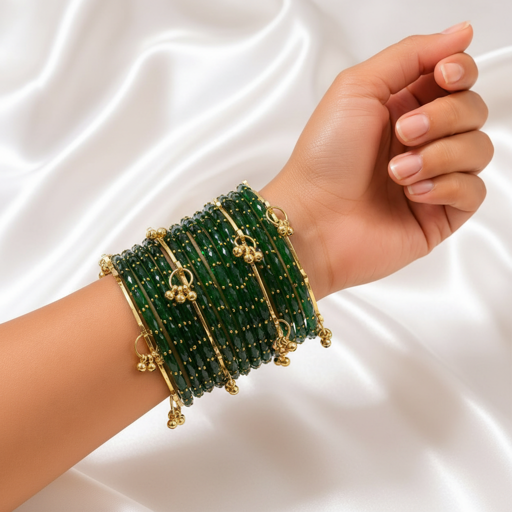 Green Raindrop Glass Bangles With Kashmiri Ghungroo Bangles - Image 2