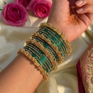 Green Moon Glass Bangles With Heavy Kashmiri Ghungroo Bangles