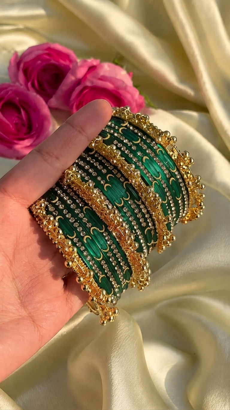 Green Moon Glass Bangles With Heavy Kashmiri Ghungroo Bangles - Image 2