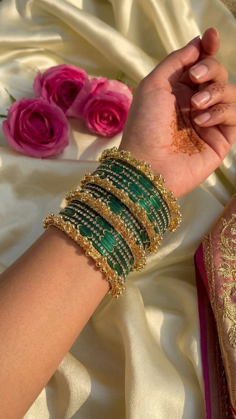 Green Moon Glass Bangles With Heavy Kashmiri Ghungroo Bangles