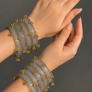 RaSha Jewels Grey Raindrop Glass Bangles Set with Kashmiri Ghungroo – 12 Glass Bangles + 4 Ghungroo Bangles
