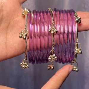 RaSha Jewels Lavender Jelly Glass Bangles Set | 8 Jelly Glass Bangles with 4 Kashmiri Ghungroo Bangles