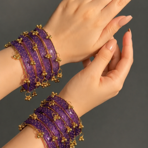 RaSha Jewels Lavender Raindrop Glass Bangles Set with Kashmiri Ghungroo – 12 Glass Bangles + 4 Ghungroo Bangles