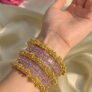 RaSha Sawan Special 12 Lavender Moon Glass Bangles with 4 Heavy Kashmiri Ghungroo Bangles