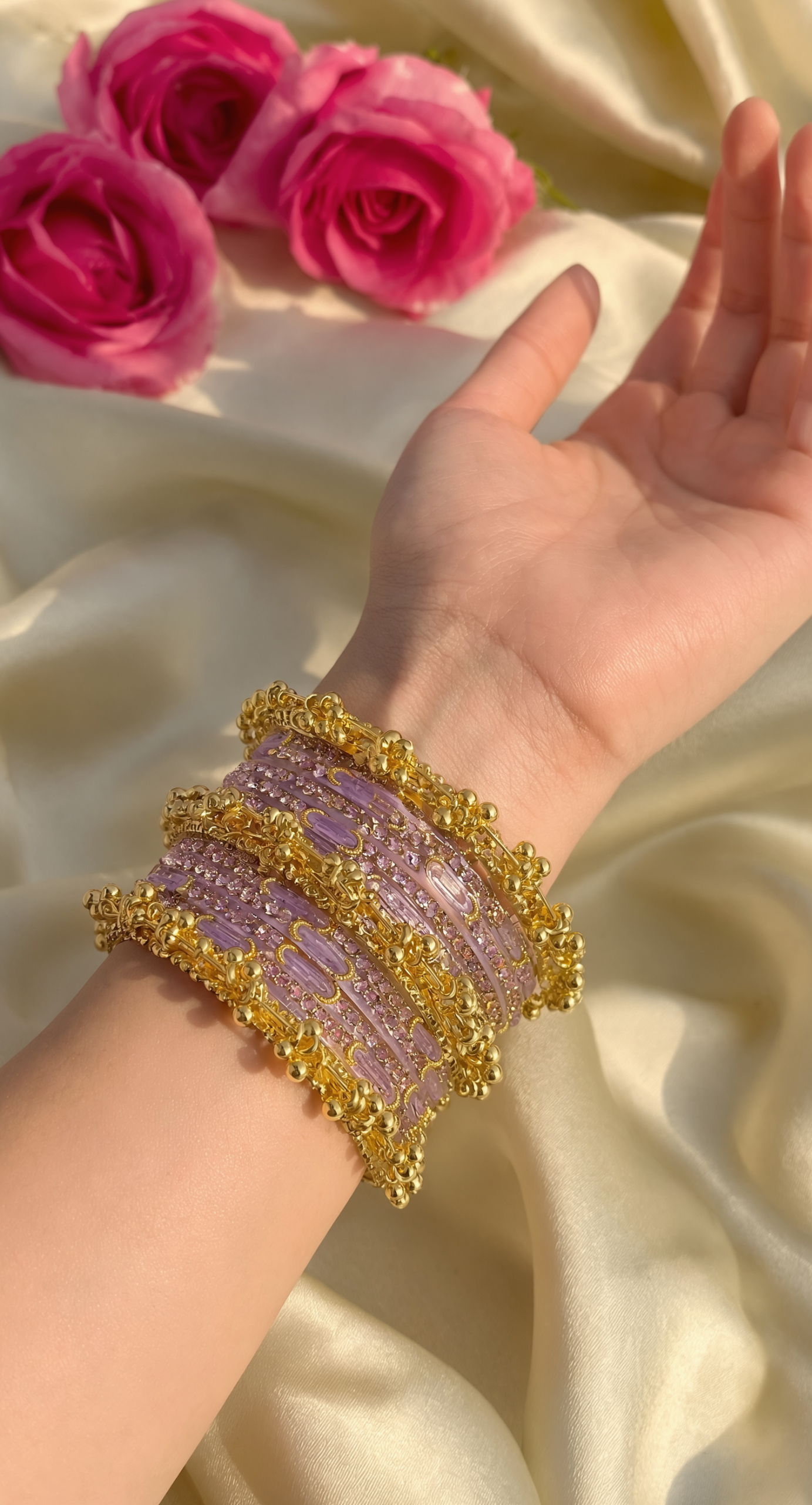 RaSha Sawan Special 12 Lavender Moon Glass Bangles with 4 Heavy Kashmiri Ghungroo Bangles