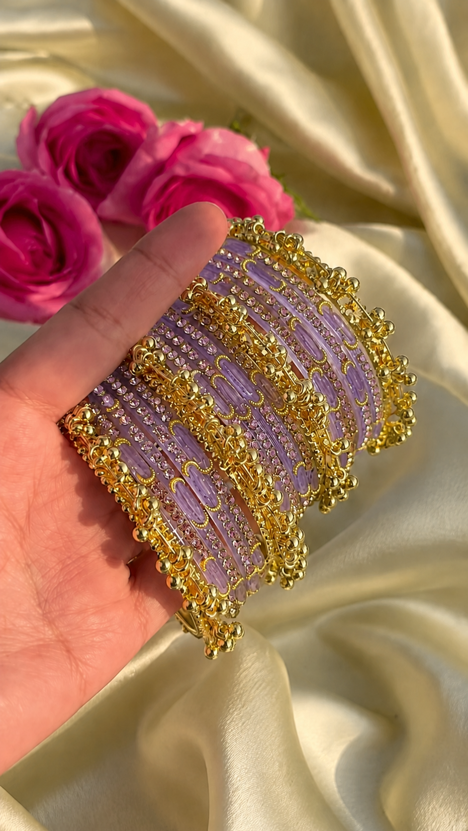 RaSha Sawan Special 12 Lavender Moon Glass Bangles with 4 Heavy Kashmiri Ghungroo Bangles - Image 2