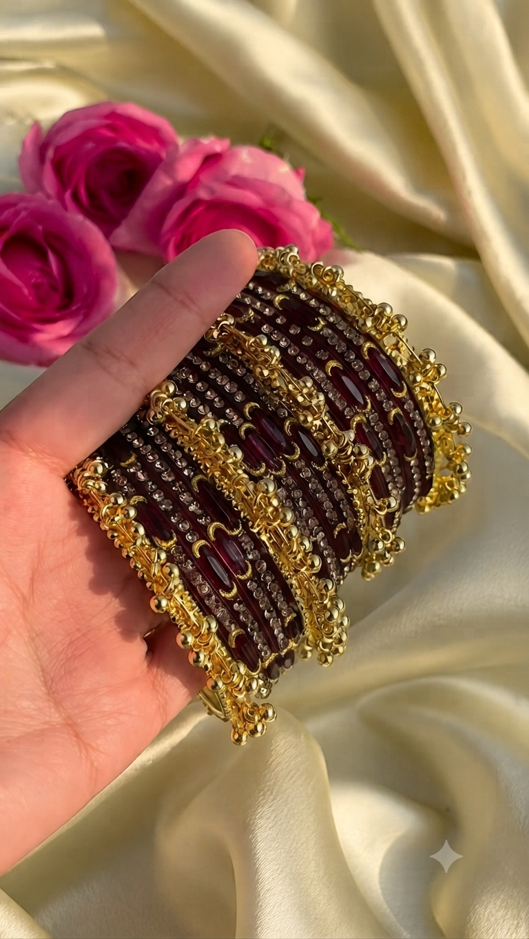 RaSha Sawan Special 12 Mehroon Moon Glass Bangles with 4 Heavy Kashmiri Ghungroo Bangles - Image 2