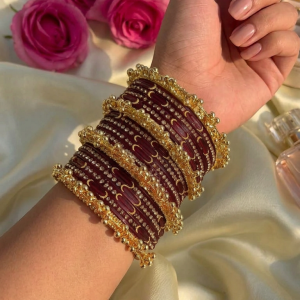 RaSha Sawan Special 12 Mehroon Moon Glass Bangles with 4 Heavy Kashmiri Ghungroo Bangles