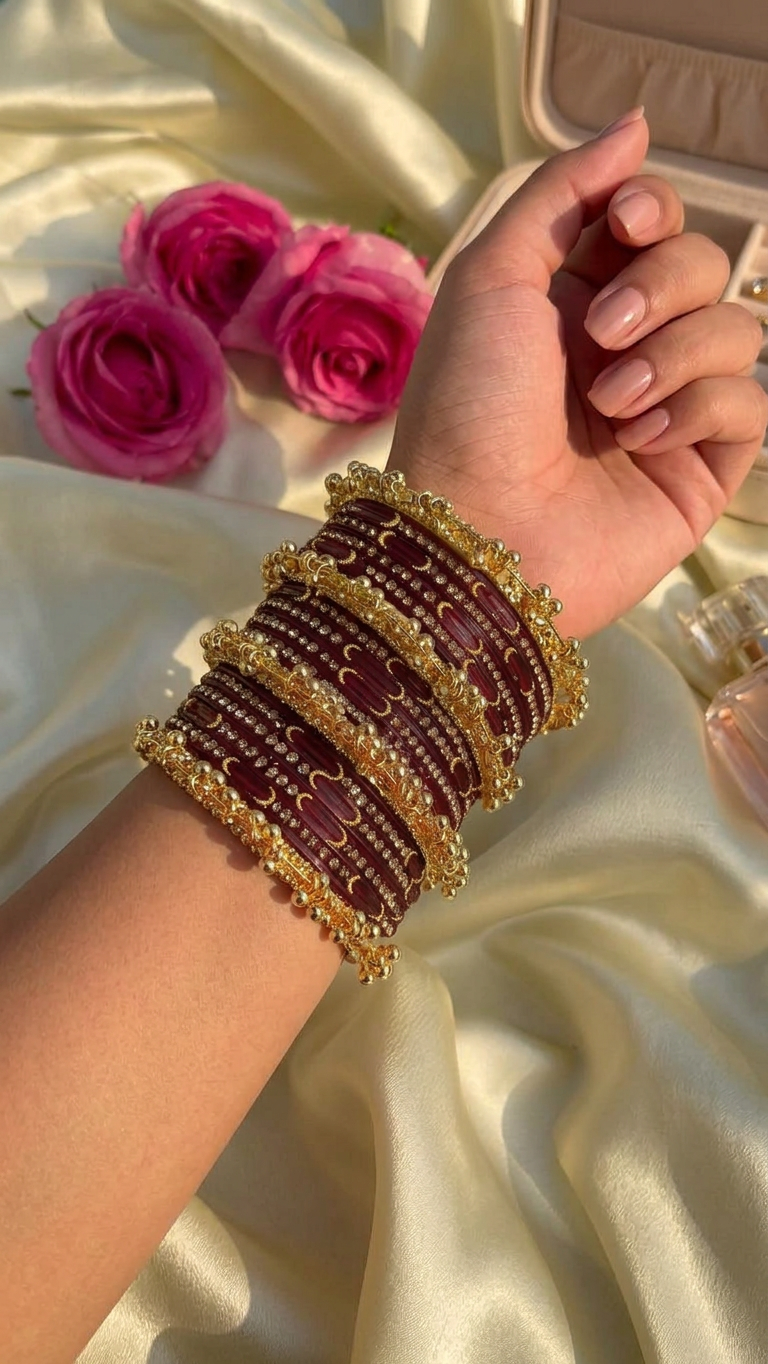 RaSha Sawan Special 12 Mehroon Moon Glass Bangles with 4 Heavy Kashmiri Ghungroo Bangles