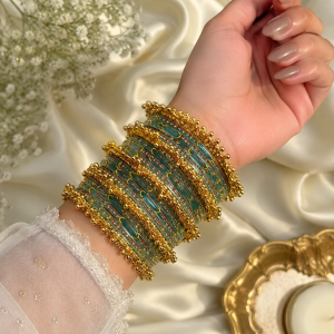 Sky  Blue Surf Moon Glass Bangles With Heavy Kashmiri Ghungroo Bangles