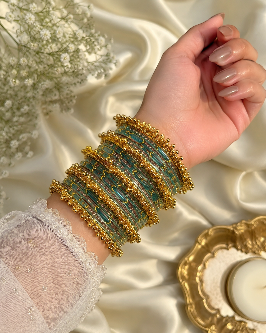 Sky Blue Surf Moon Glass Bangles With Heavy Kashmiri Ghungroo Bangles
