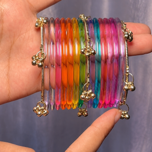 RaSha Jewels Multicolor Jelly Bangles Set | 8 Jelly Bangles with 4 Kashmiri Ghungroo Bangles