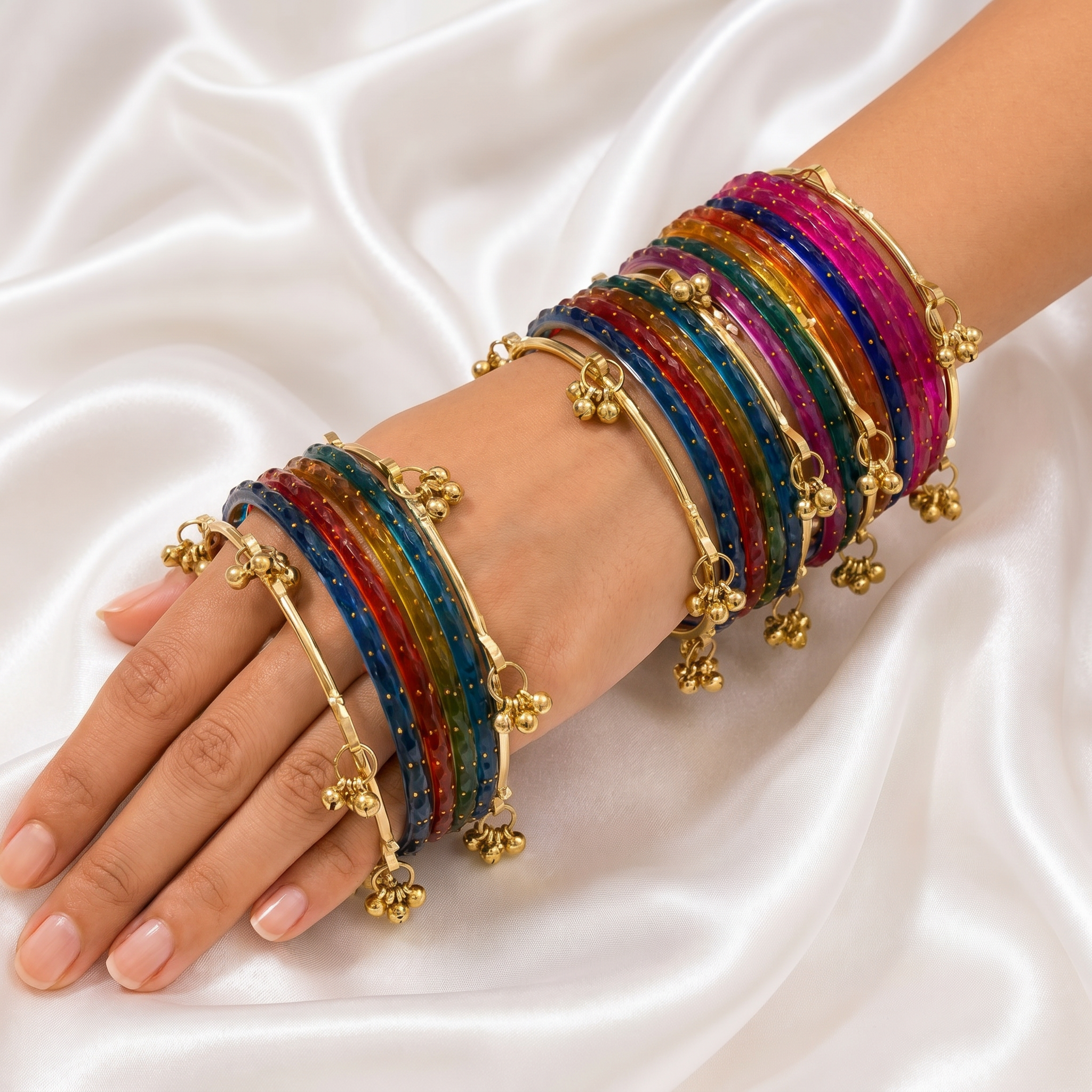 Dark Multicolor Raindrop Glass Bangles With Kashmiri Ghungroo Bangles - Image 2