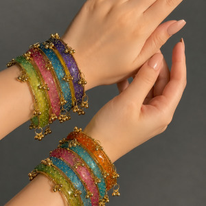 RaSha Jewels Multicolor Raindrop Glass Bangles Set with Kashmiri Ghungroo – 12 Glass Bangles + 4 Ghungroo Bangles
