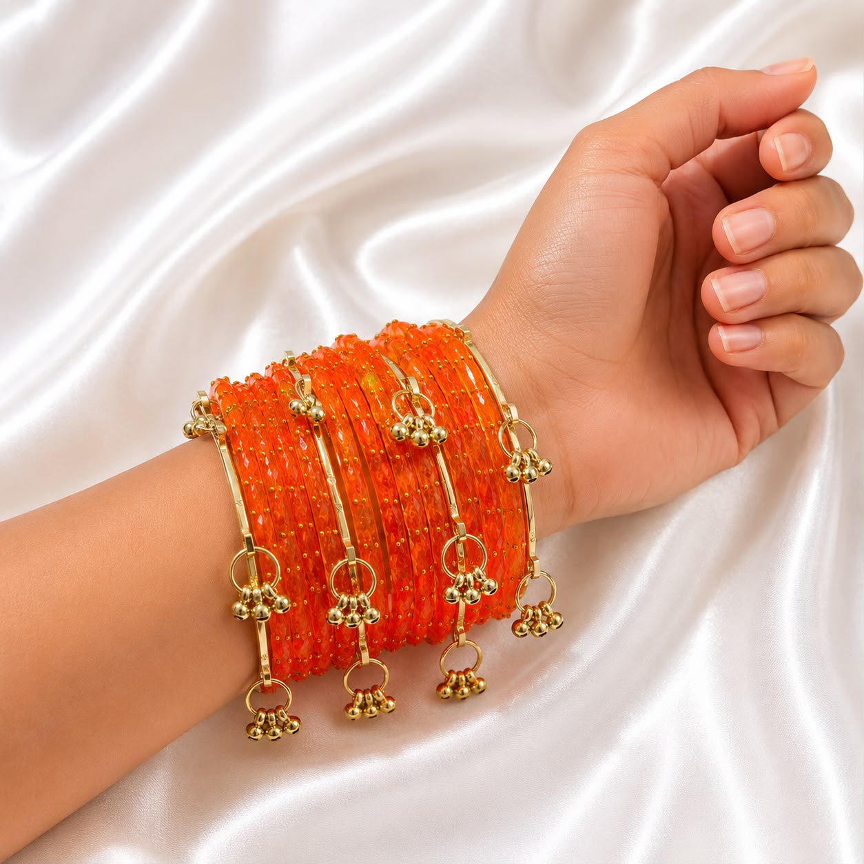 Orange Raindrop Glass Bangles With Kashmiri Ghungroo Bangles - Image 2