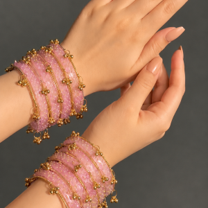 RaSha Jewels Pink Raindrop Glass Bangles Set with Kashmiri Ghungroo – 12 Glass Bangles + 4 Ghungroo Bangles