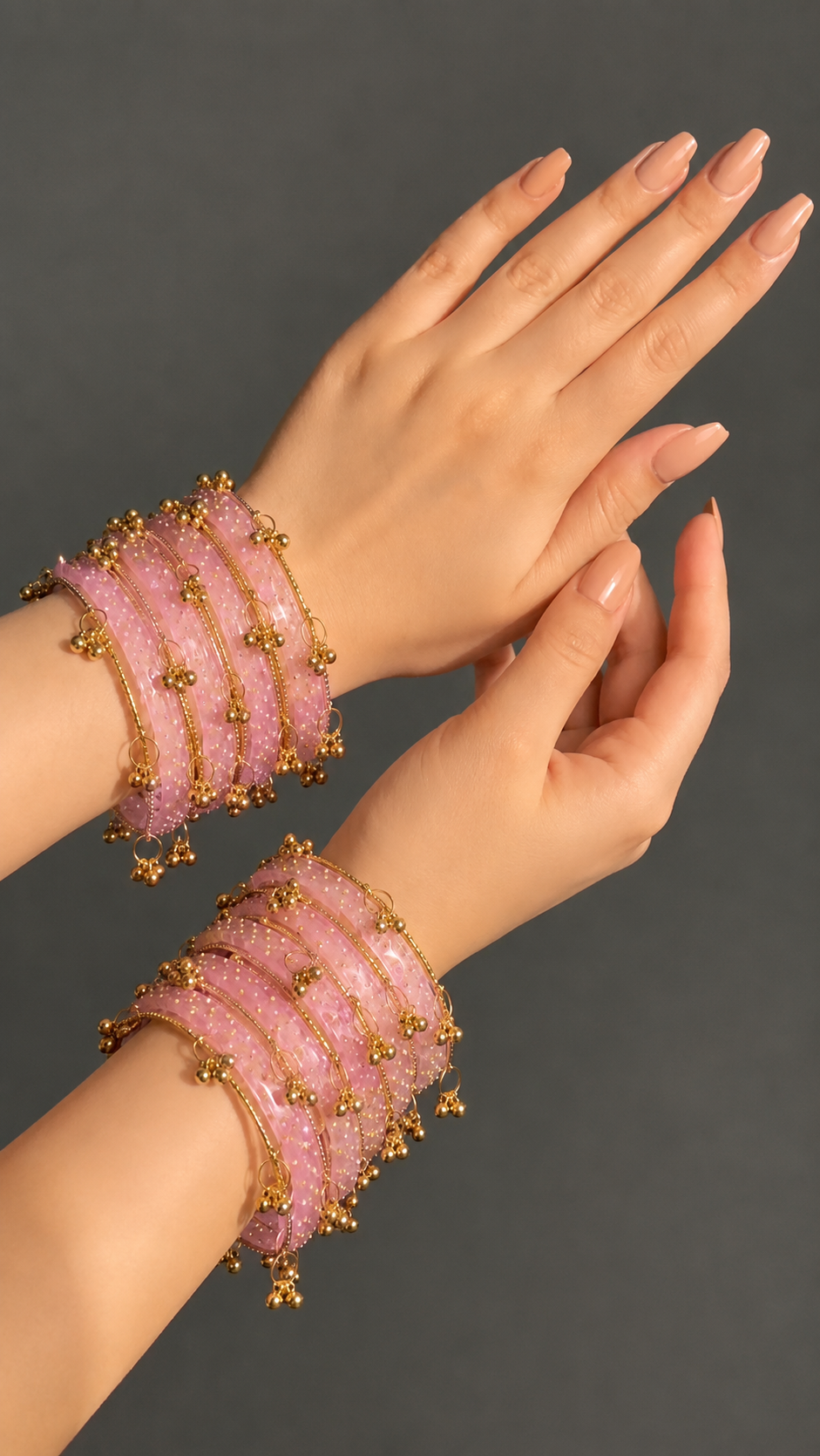 RaSha Jewels Pink Raindrop Glass Bangles Set with Kashmiri Ghungroo – 12 Glass Bangles + 4 Ghungroo Bangles