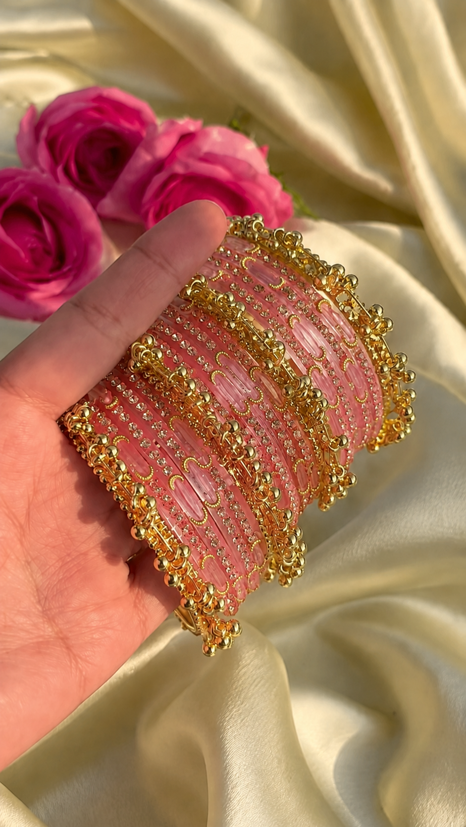 Pink Moon Glass Bangles With Heavy Kashmiri Ghungroo Bangles - Image 2