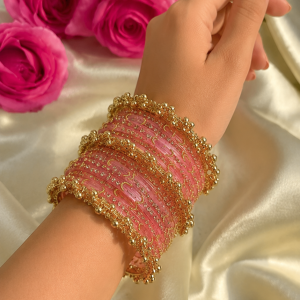 Pink Moon Glass Bangles With Heavy Kashmiri Ghungroo Bangles
