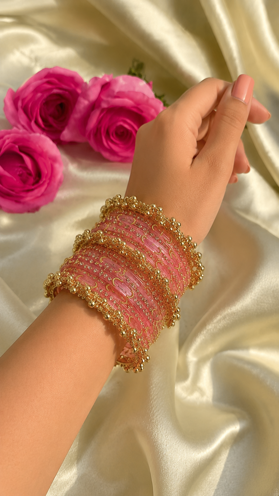 Pink Moon Glass Bangles With Heavy Kashmiri Ghungroo Bangles