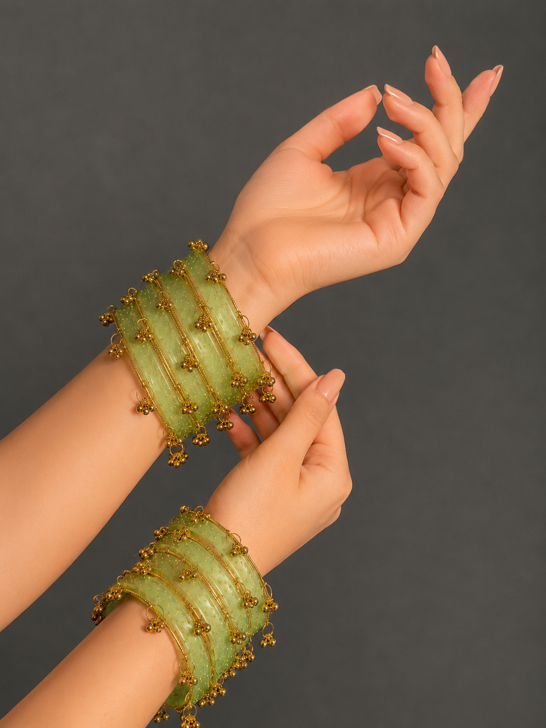 RaSha Jewels Pista Mint Green Raindrop Glass Bangles Set with Kashmiri Ghungroo – 12 Glass Bangles + 4 Ghungroo Bangles - Image 2