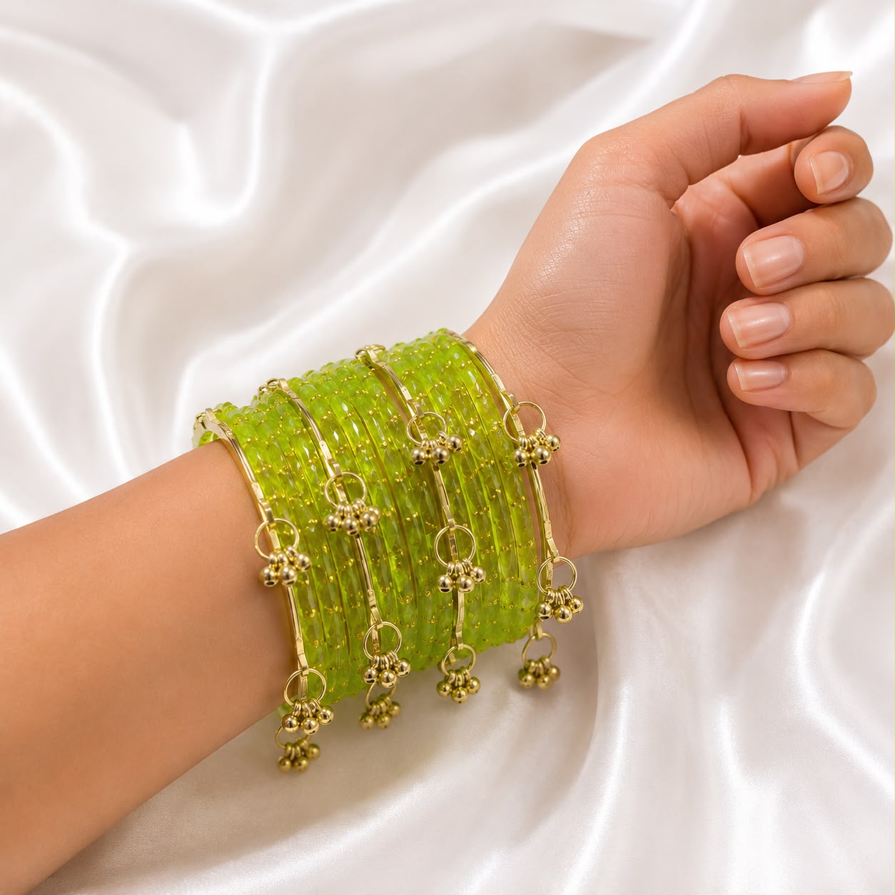 Pista Mint Green Raindrop Glass Bangles With Kashmiri Ghungroo Bangles - Image 2