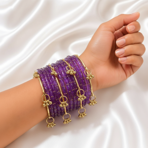 Lavendar Raindrop Glass Bangles With Kashmiri Ghungroo Bangles