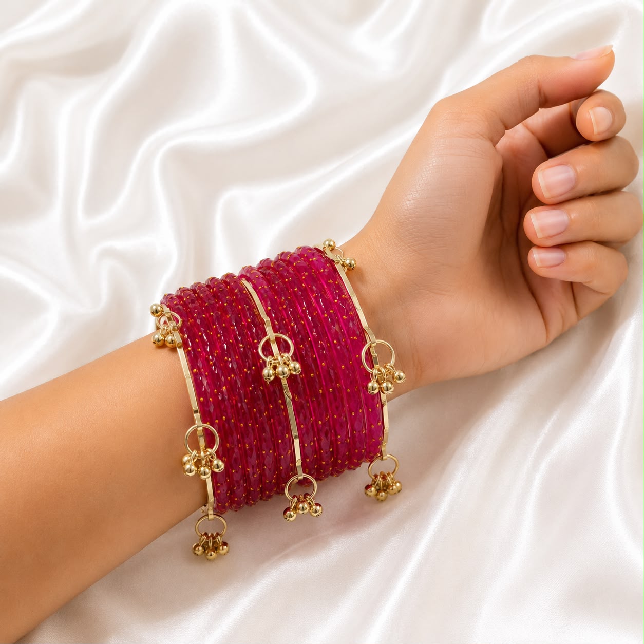 Raani Pink Raindrop Glass Bangles With kashmiri Ghungroo Bangles