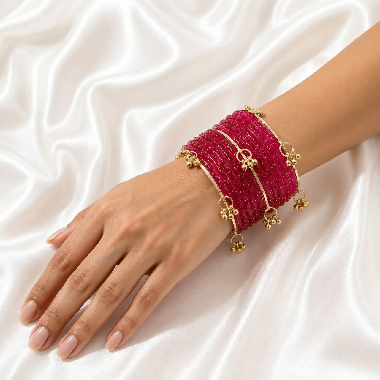 Raani Pink Raindrop Glass Bangles With kashmiri Ghungroo Bangles - Image 2