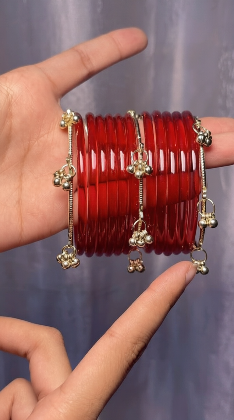 RaSha Jewels Red Jelly Bangles Set | 8 Jelly Bangles with 4 Kashmiri Ghungroo Bangles