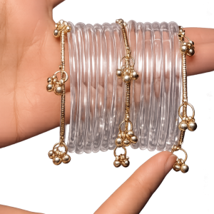 RaSha Jewels White Transparent Jelly Bangles Set | 8 Jelly Bangles with 4 Kashmiri Ghungroo Bangles