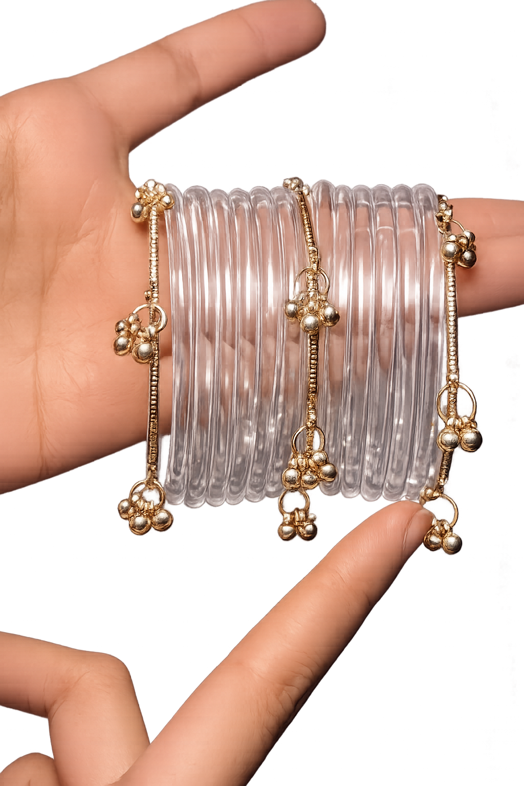 RaSha Jewels White Transparent Jelly Bangles Set | 8 Jelly Bangles with 4 Kashmiri Ghungroo Bangles