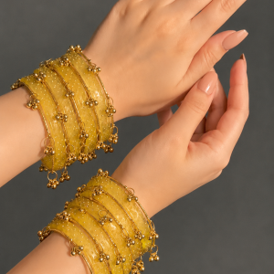 RaSha Jewels Yellow Raindrop Glass Bangles Set with Kashmiri Ghungroo – 12 Glass Bangles + 4 Ghungroo Bangles